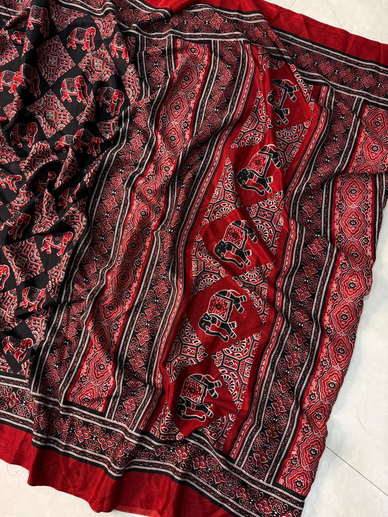 Black and Red Ajrakh Print Silk Saree with Elephant Motifs