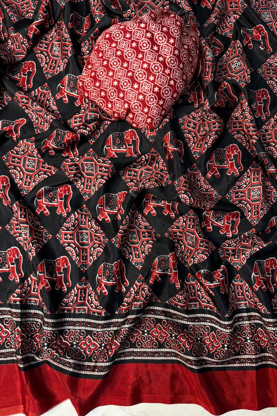 Black and Red Ajrakh Print Silk Saree with Elephant Motifs