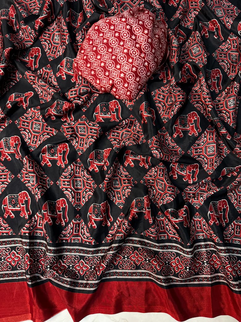 Black and Red Ajrakh Print Silk Saree with Elephant Motifs