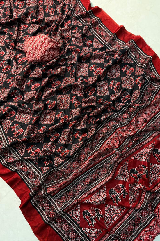 Black and Red Ajrakh Print Silk Saree with Elephant Motifs