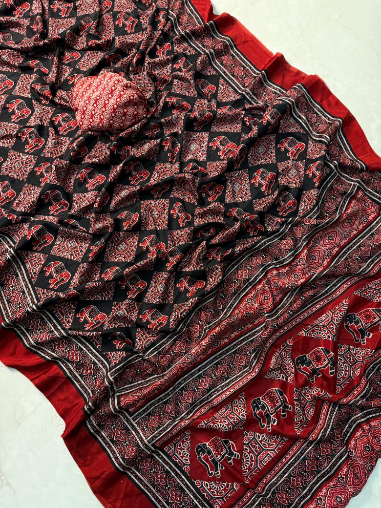 Black and Red Ajrakh Print Silk Saree with Elephant Motifs