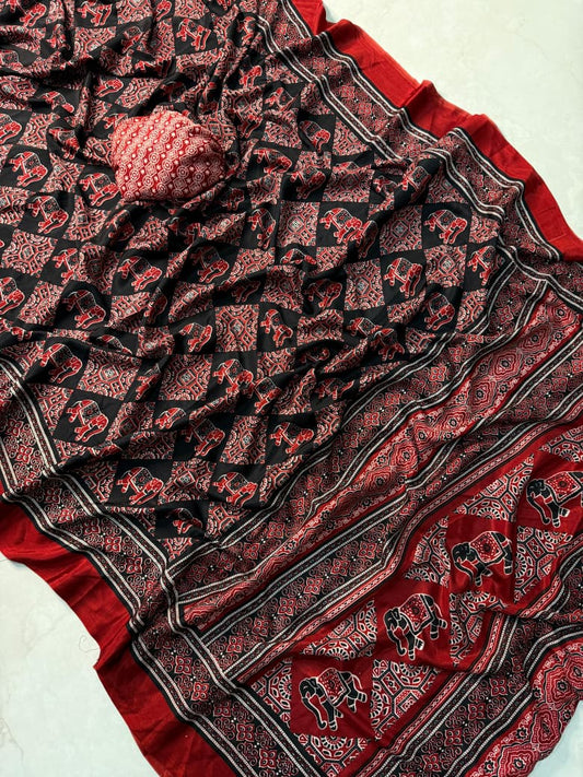 Black and Red Ajrakh Print Silk Saree with Elephant Motifs