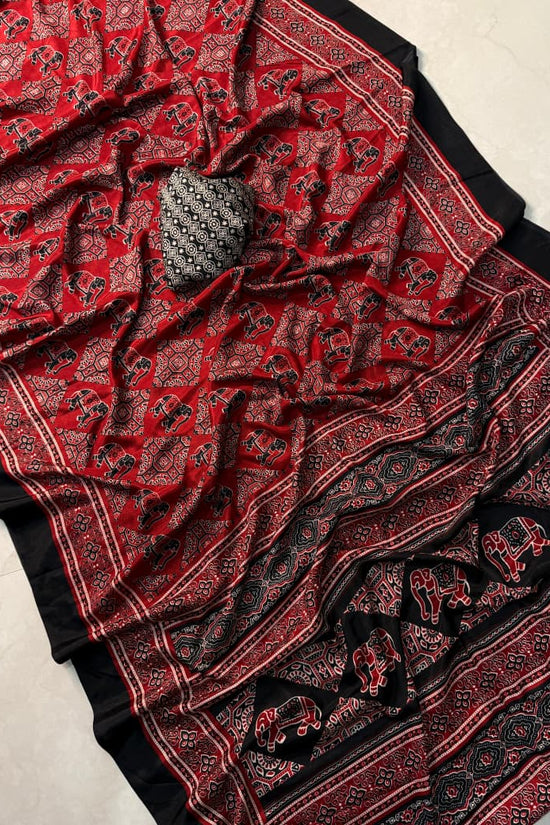 Black and Red Ajrakh Print Silk Saree with Elephant Motifs