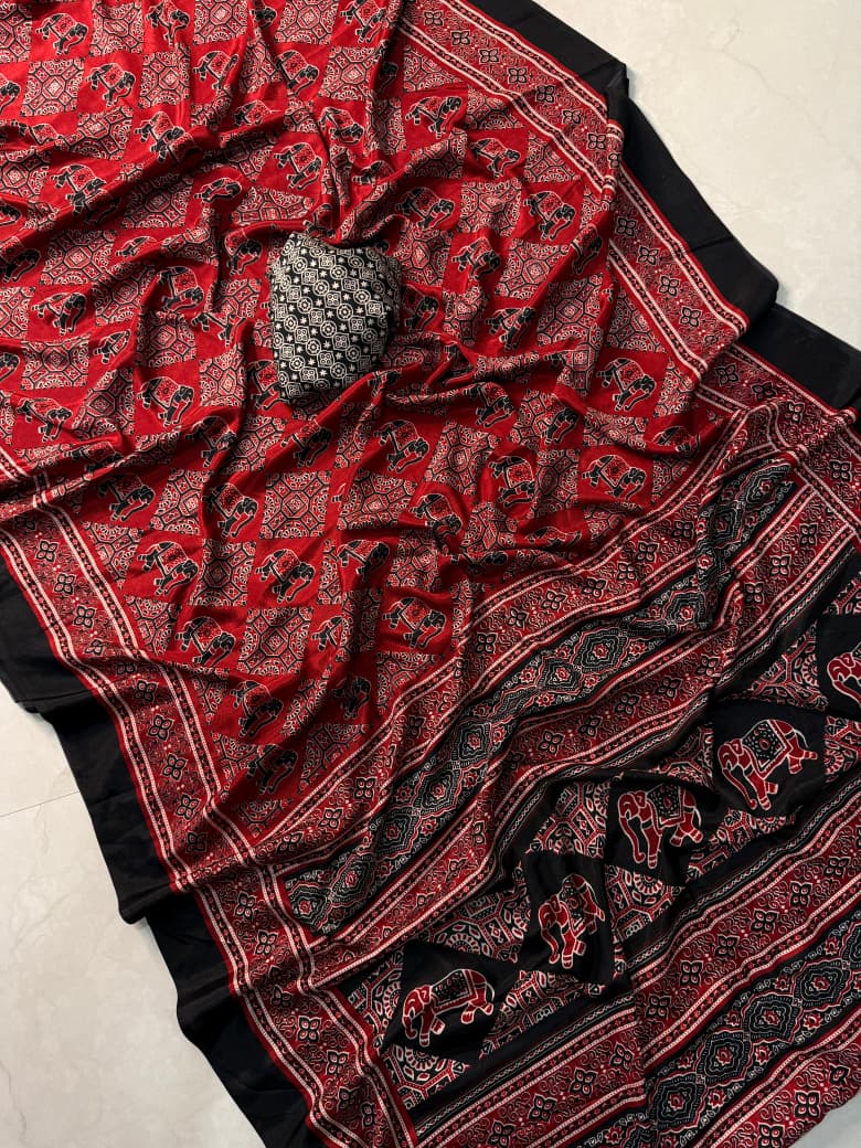 Black and Red Ajrakh Print Silk Saree with Elephant Motifs