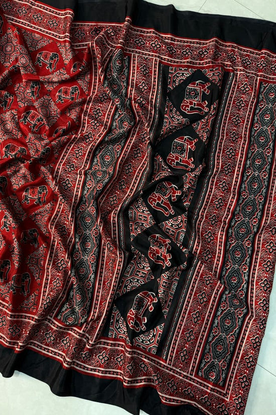 Black and Red Ajrakh Print Silk Saree with Elephant Motifs