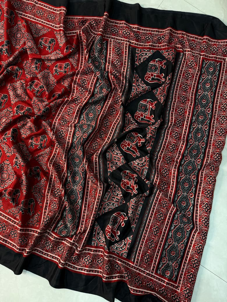 Black and Red Ajrakh Print Silk Saree with Elephant Motifs