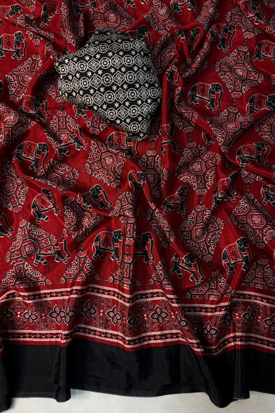 Black and Red Ajrakh Print Silk Saree with Elephant Motifs