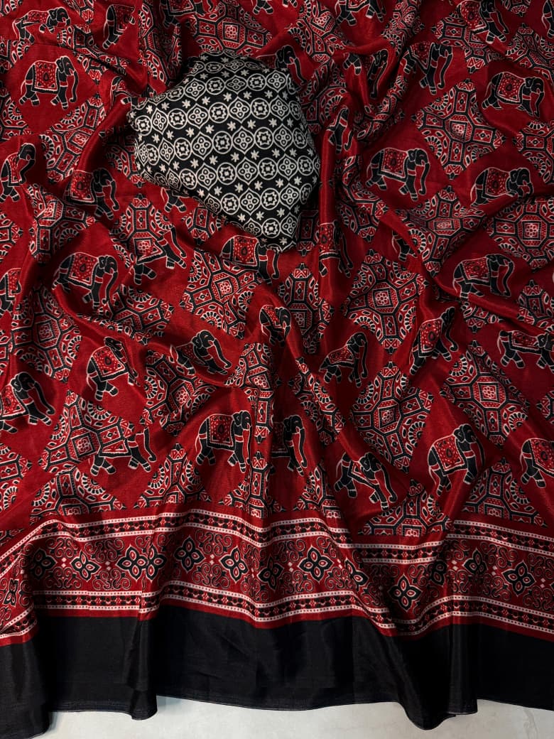 Black and Red Ajrakh Print Silk Saree with Elephant Motifs