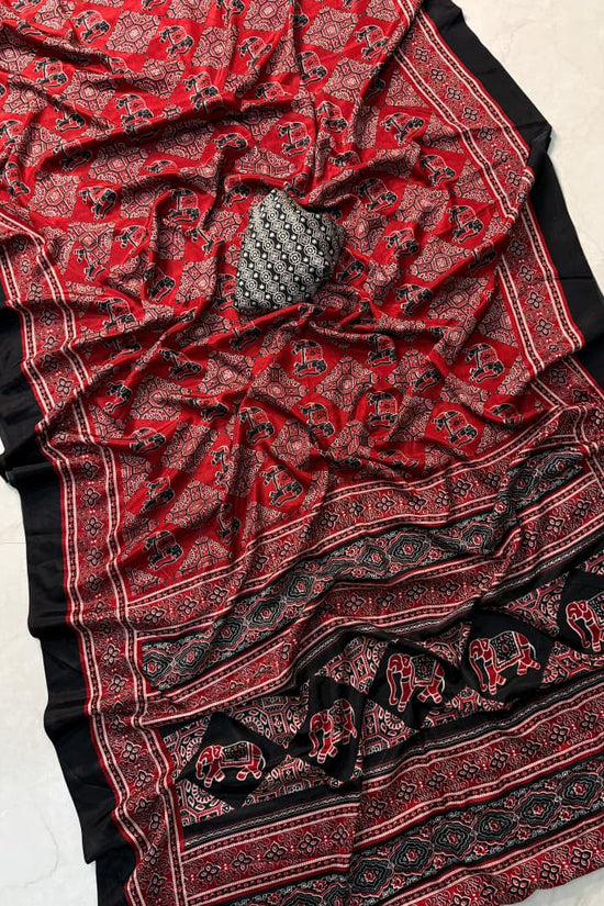 Black and Red Ajrakh Print Silk Saree with Elephant Motifs