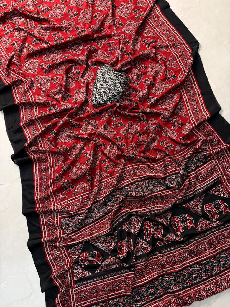 Black and Red Ajrakh Print Silk Saree with Elephant Motifs