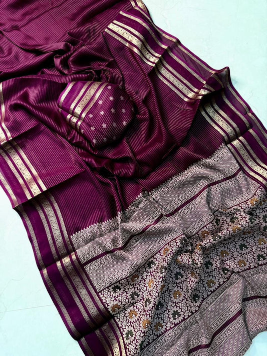Elegant  Silk Saree with Golden Zari Border  Self Design and Premium Creap Silk