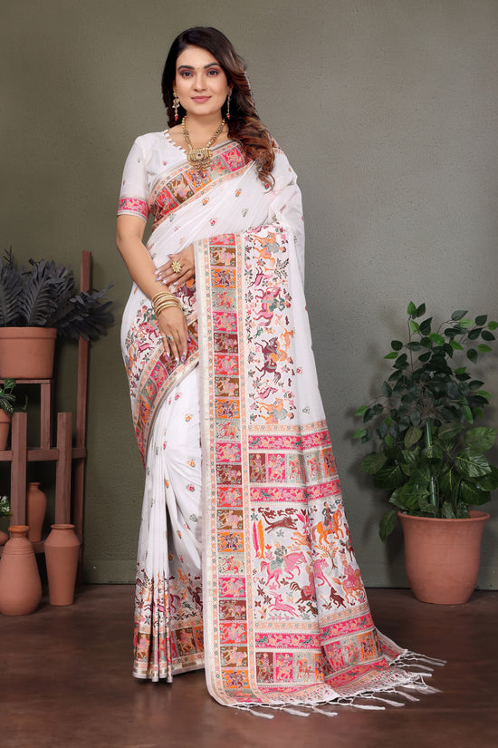Elegant White Soft Silk Saree Traditional Print & Rich Pallu With Blouse