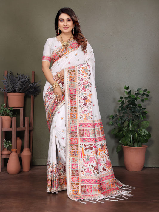 Elegant White Soft Silk Saree Traditional Print & Rich Pallu With Blouse