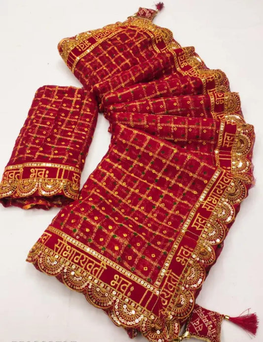Traditional Red chunari Saree with Golden Zari "Sada sobhagyavati bhavah" Border – Bridal Puja Wear