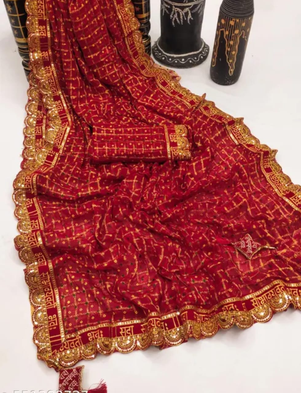 Traditional Red chunari Saree with Golden Zari "Sada sobhagyavati bhavah" Border – Bridal Puja Wear