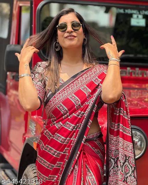 Elegant Red & Black Printed Satin Saree with Blouse