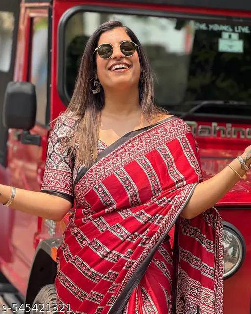 Elegant Red & Black Printed Satin Saree with Blouse