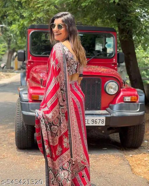 Elegant Red & Black Printed Satin Saree with Blouse