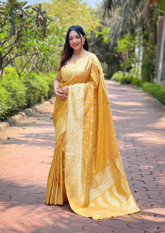 Elegant Banarasi Silk Saree with Rich Golden Zari Work