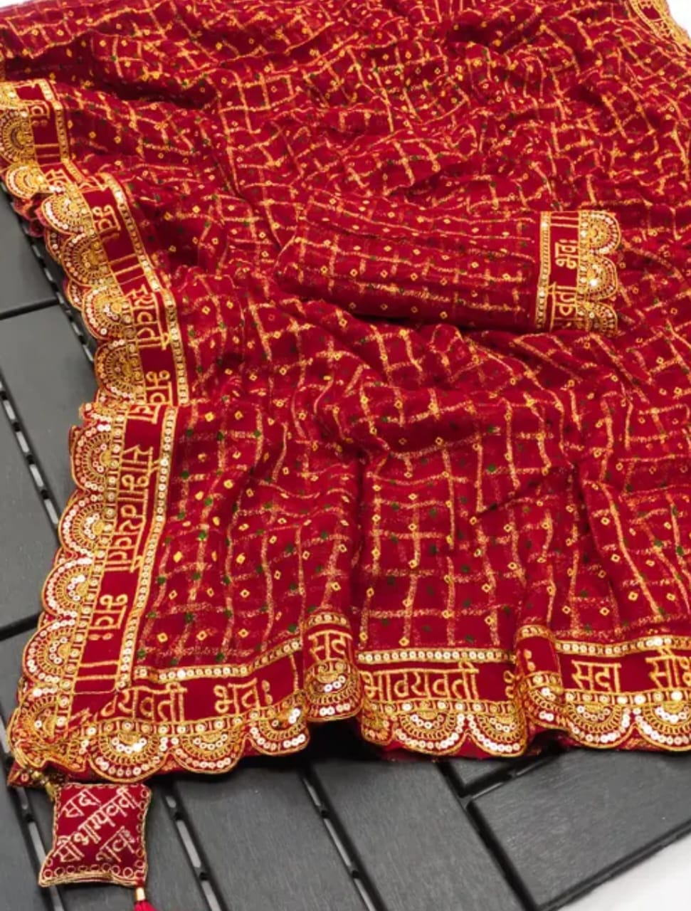 Traditional Red chunari Saree with Golden Zari "Sada sobhagyavati bhavah" Border – Bridal Puja Wear