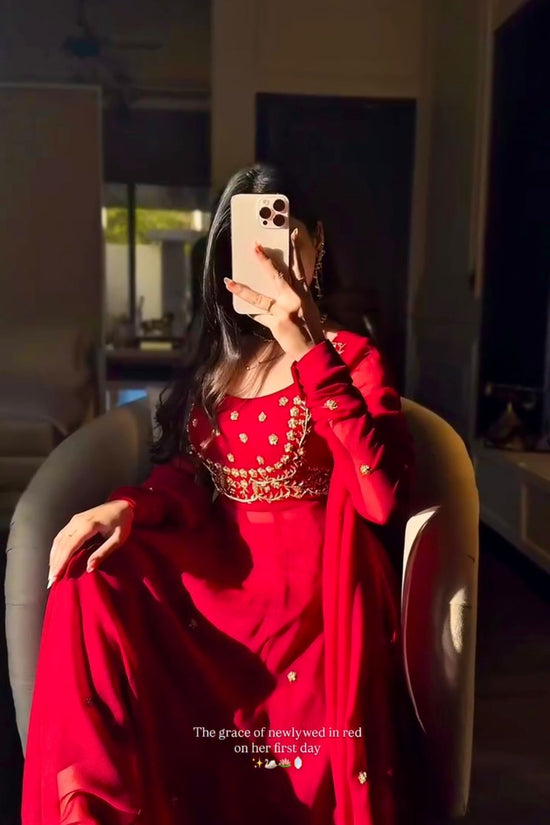 Designer Red Pari Gown With Pent Set – Elegant Ethnic Wear