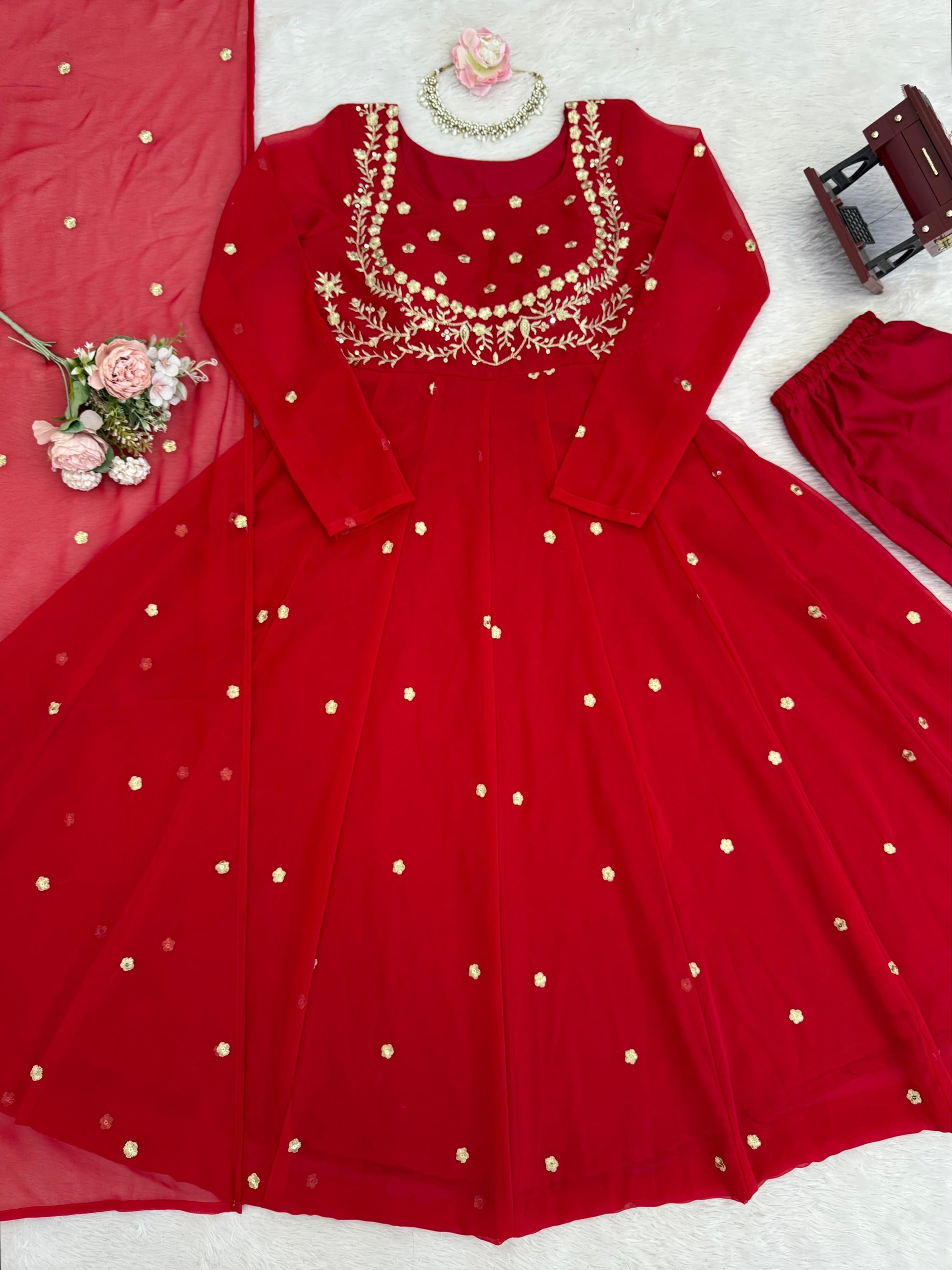 Designer Red Pari Gown With Pent Set – Elegant Ethnic Wear