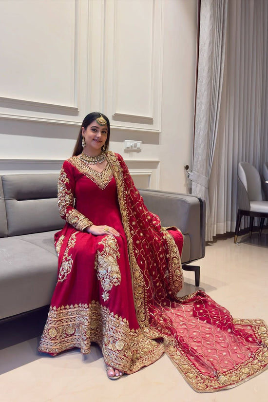 Red Faux Georgette Sequence Lace Work  Anarkali Salwar Suit