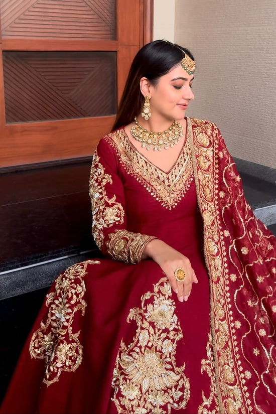 Red Faux Georgette Sequence Lace Work  Anarkali Salwar Suit