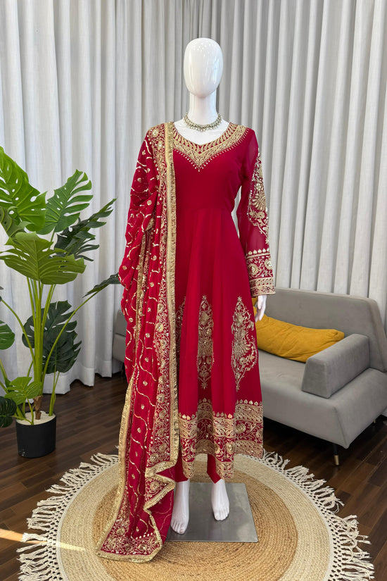 Red Faux Georgette Sequence Lace Work  Anarkali Salwar Suit