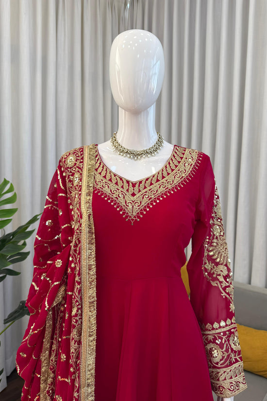 Red Faux Georgette Sequence Lace Work  Anarkali Salwar Suit