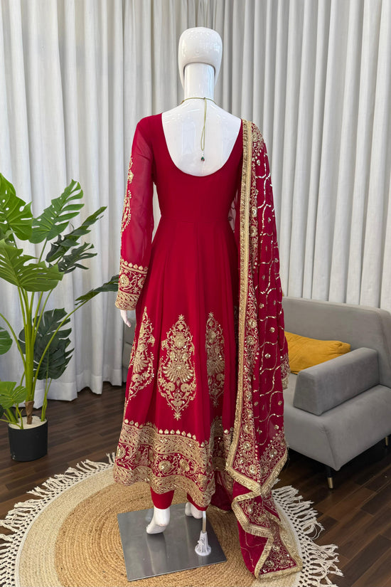 Red Faux Georgette Sequence Lace Work  Anarkali Salwar Suit