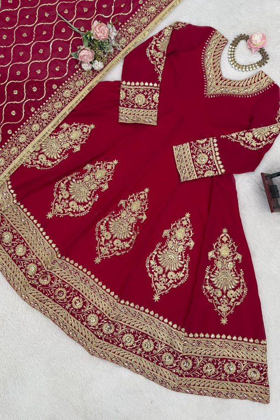 Red Faux Georgette Sequence Lace Work  Anarkali Salwar Suit