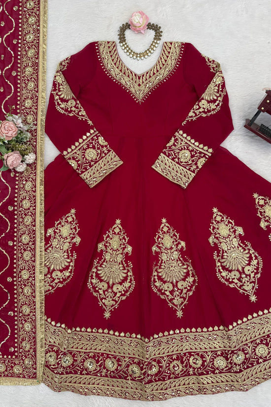 Red Faux Georgette Sequence Lace Work  Anarkali Salwar Suit