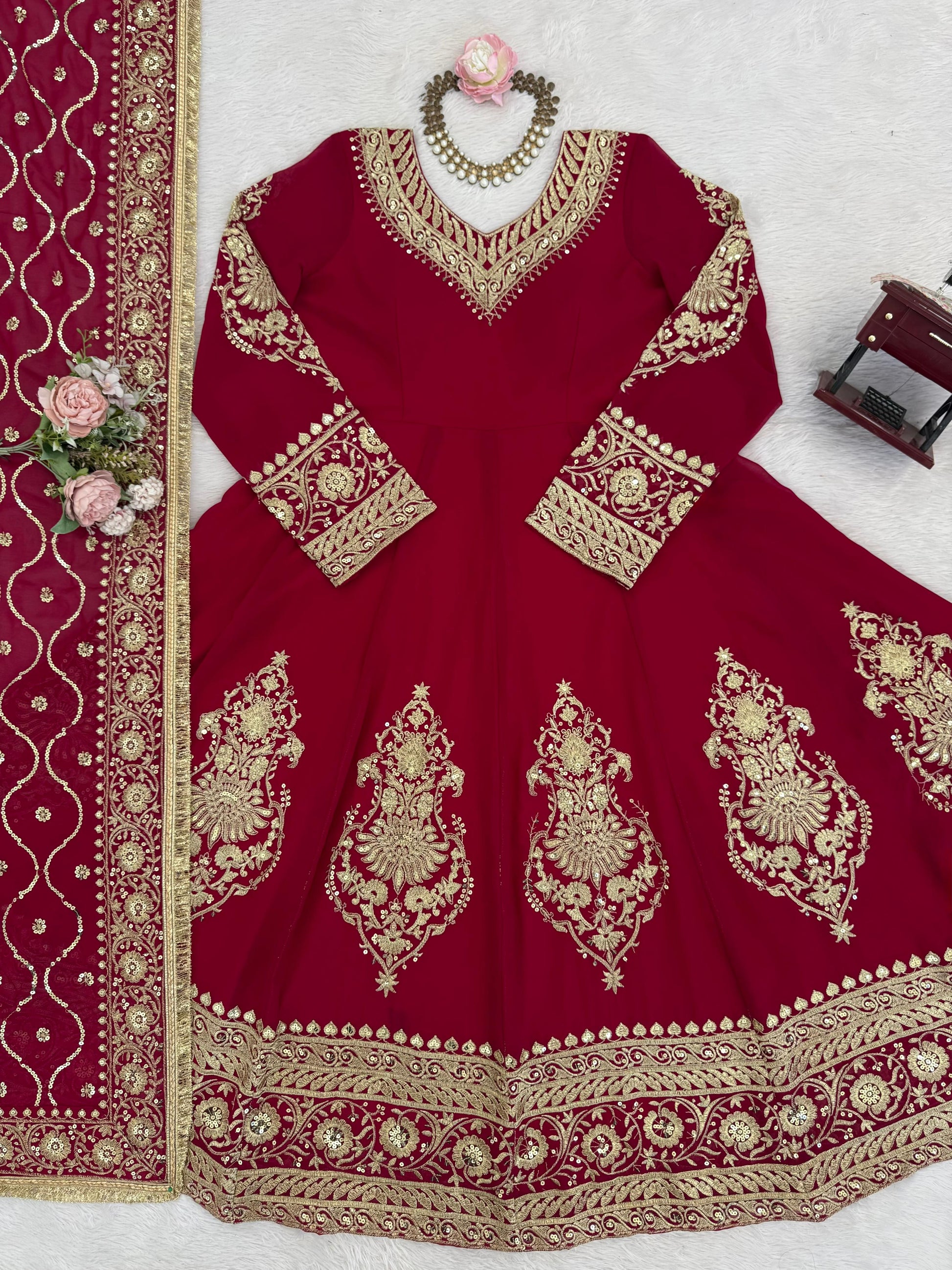 Red Faux Georgette Sequence Lace Work  Anarkali Salwar Suit