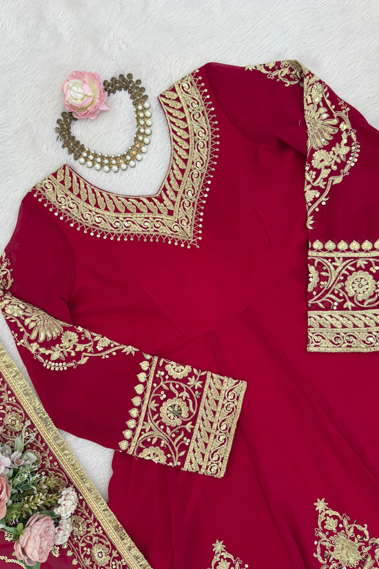 Red Faux Georgette Sequence Lace Work  Anarkali Salwar Suit