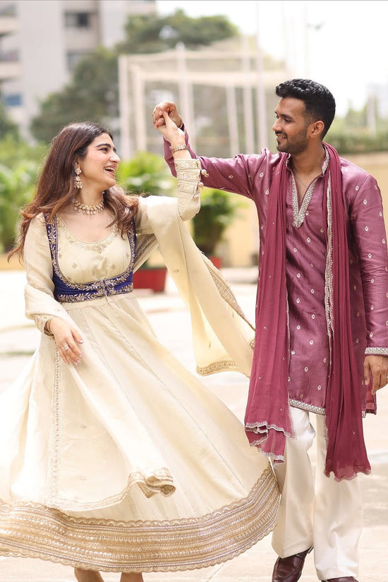 Ivory & Royal Blue Embroidered Anarkali Set