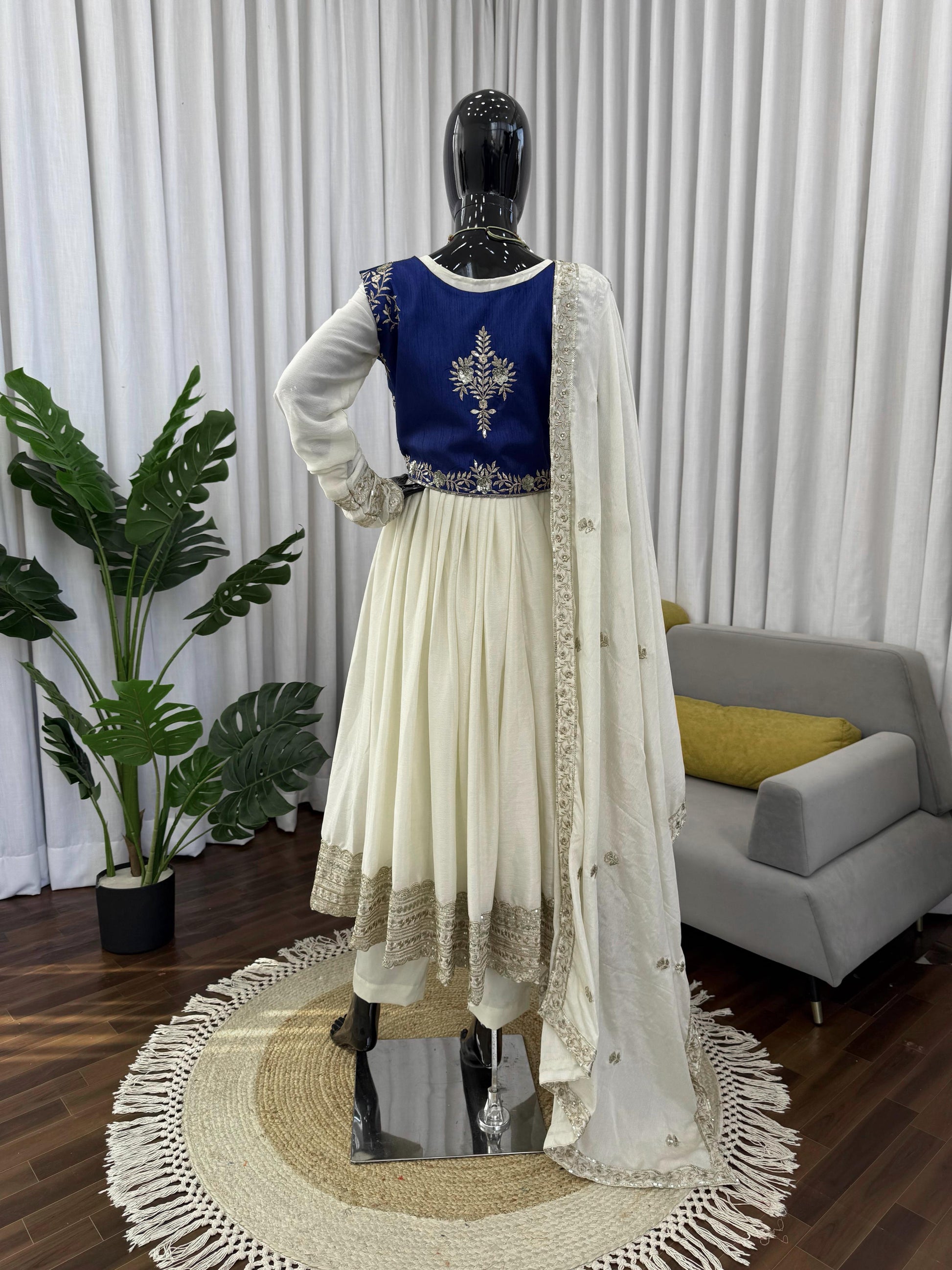 Ivory & Royal Blue Embroidered Anarkali Set
