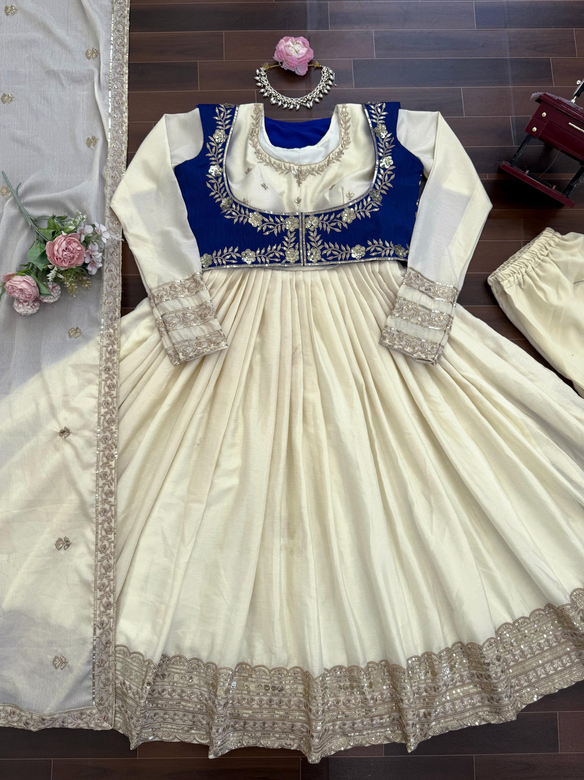 Ivory & Royal Blue Embroidered Anarkali Set