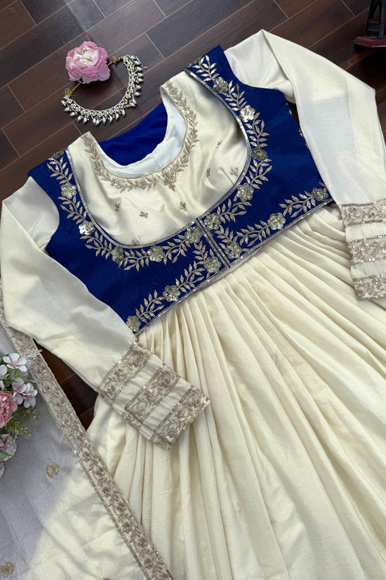 Ivory & Royal Blue Embroidered Anarkali Set