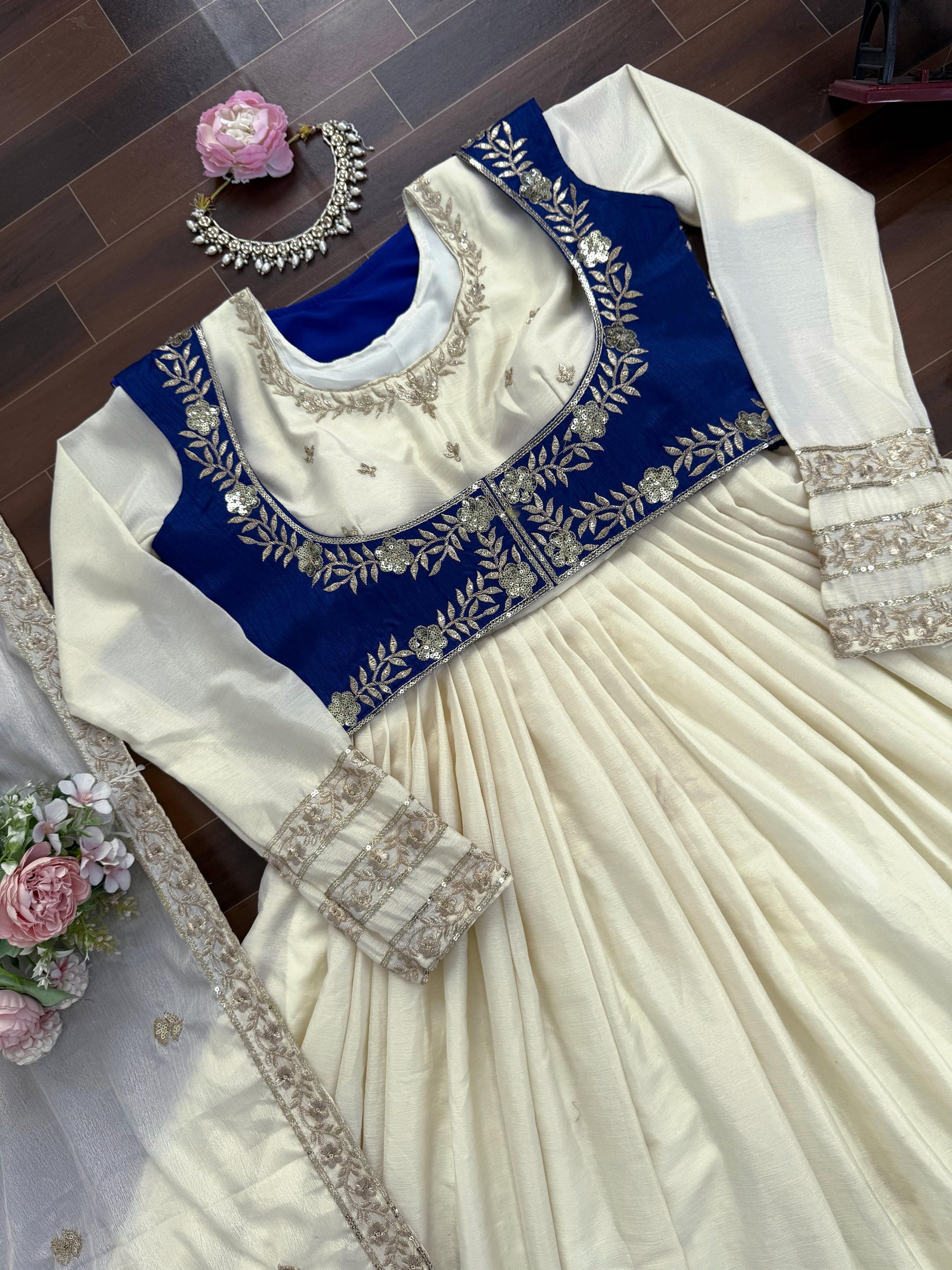 Ivory & Royal Blue Embroidered Anarkali Set