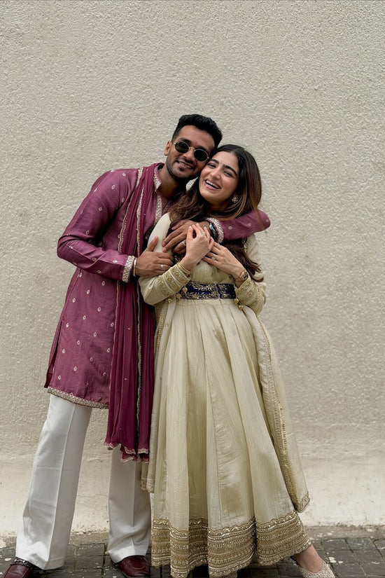 Ivory & Royal Blue Embroidered Anarkali Set