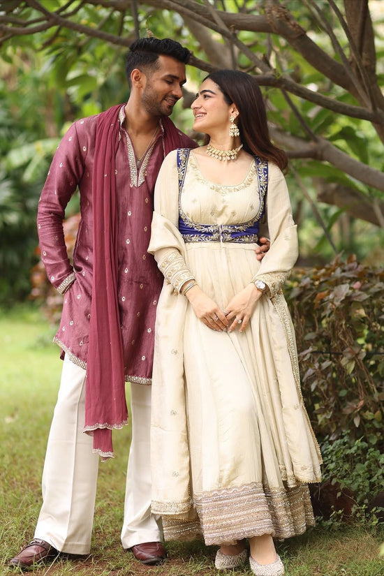 Ivory & Royal Blue Embroidered Anarkali Set