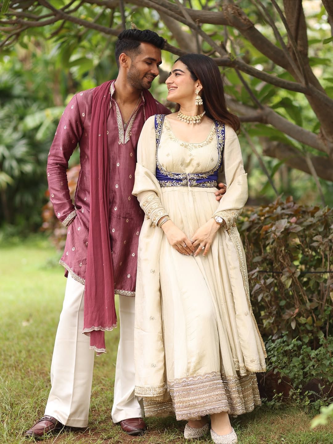 Ivory & Royal Blue Embroidered Anarkali Set