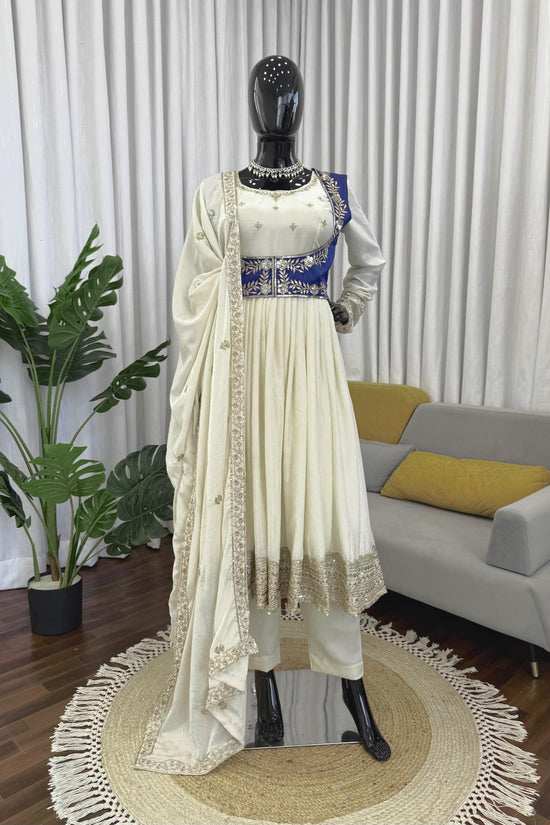 Ivory & Royal Blue Embroidered Anarkali Set
