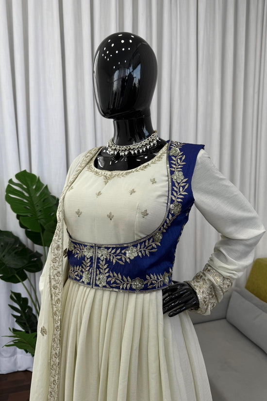 Ivory & Royal Blue Embroidered Anarkali Set