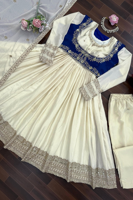 Ivory & Royal Blue Embroidered Anarkali Set