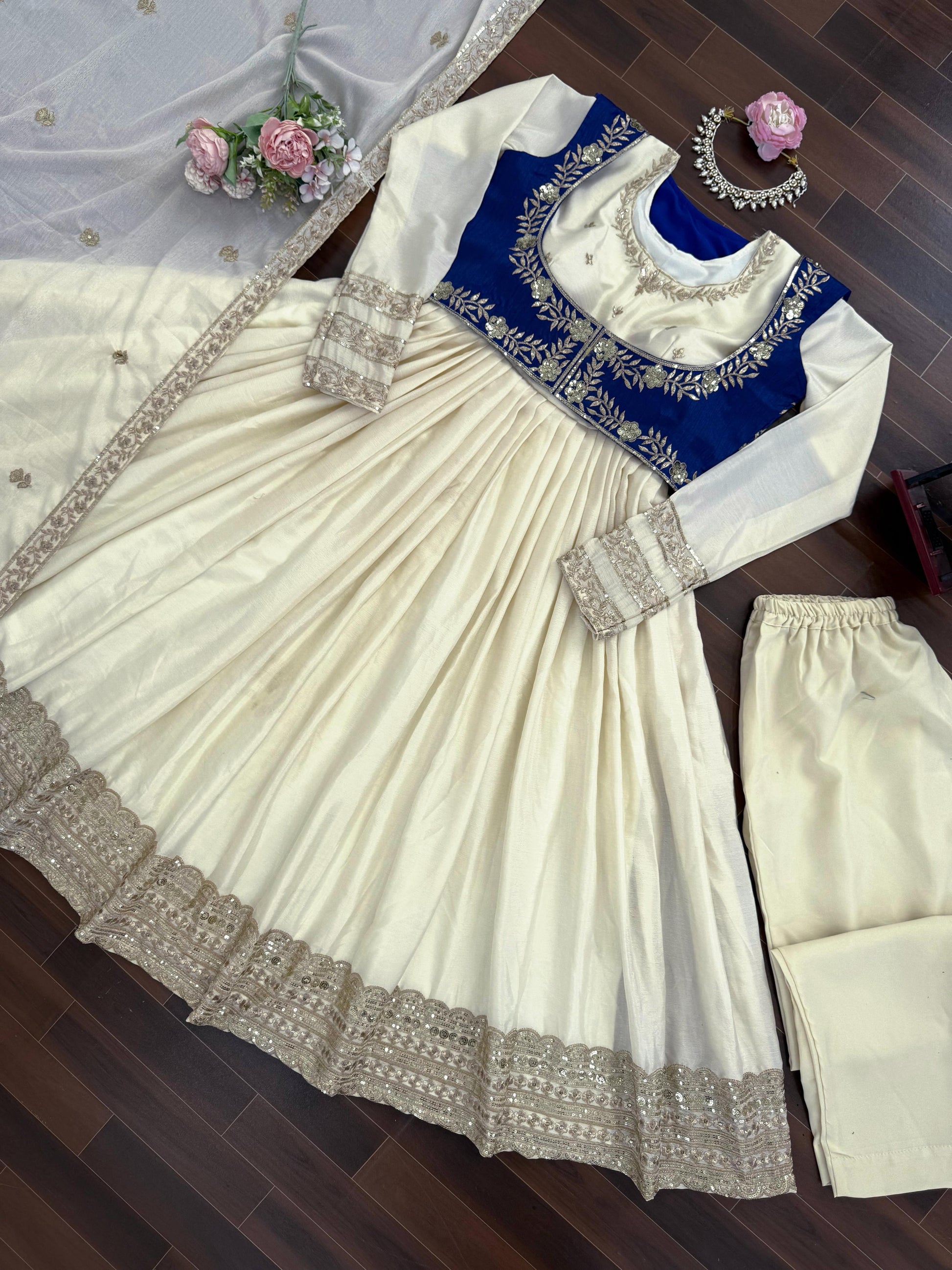 Ivory & Royal Blue Embroidered Anarkali Set