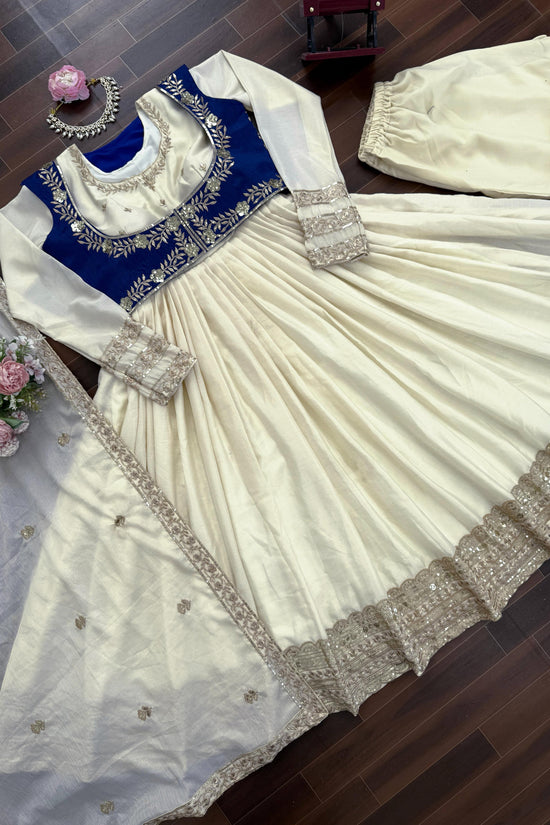 Ivory & Royal Blue Embroidered Anarkali Set