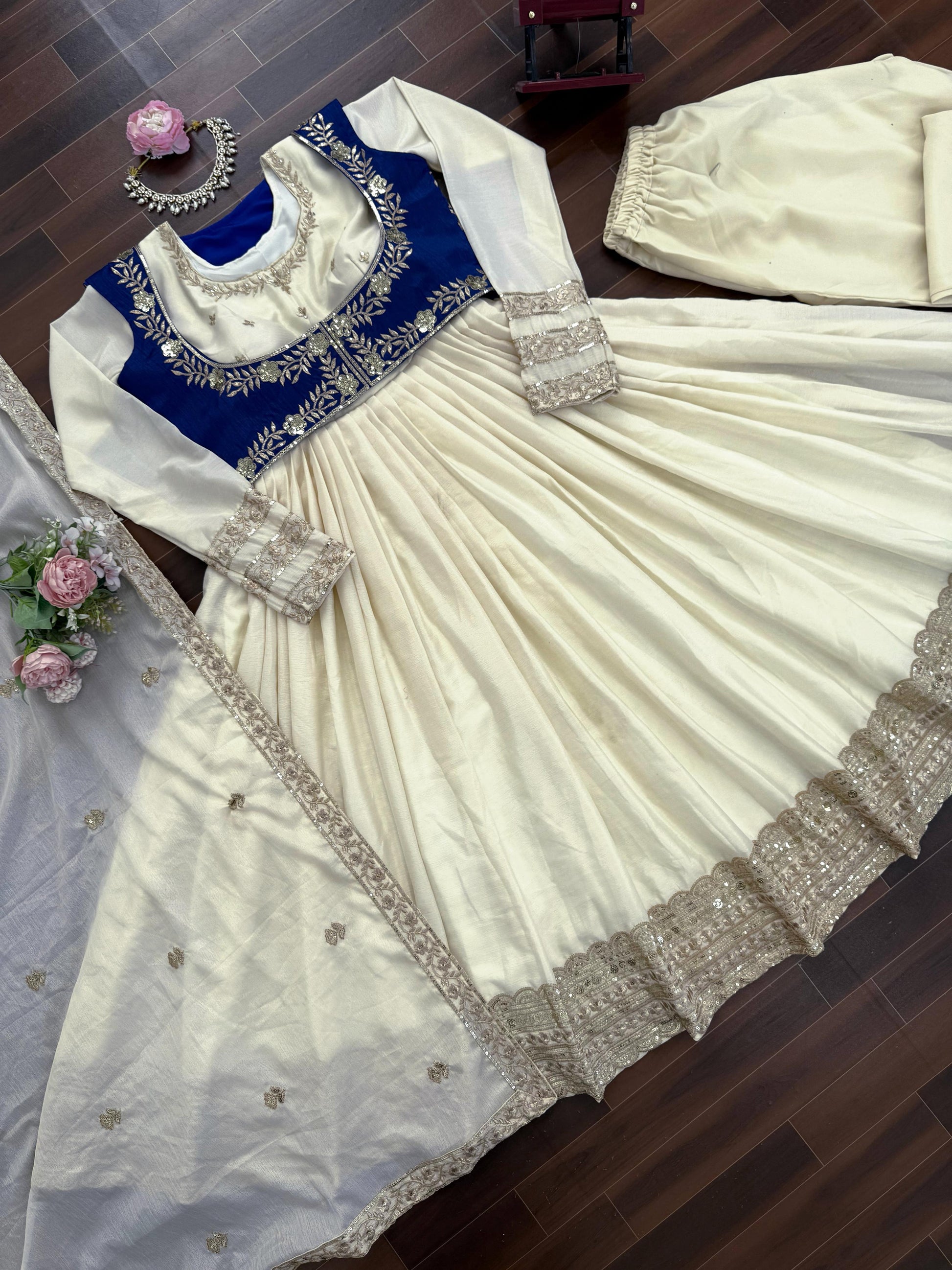 Ivory & Royal Blue Embroidered Anarkali Set