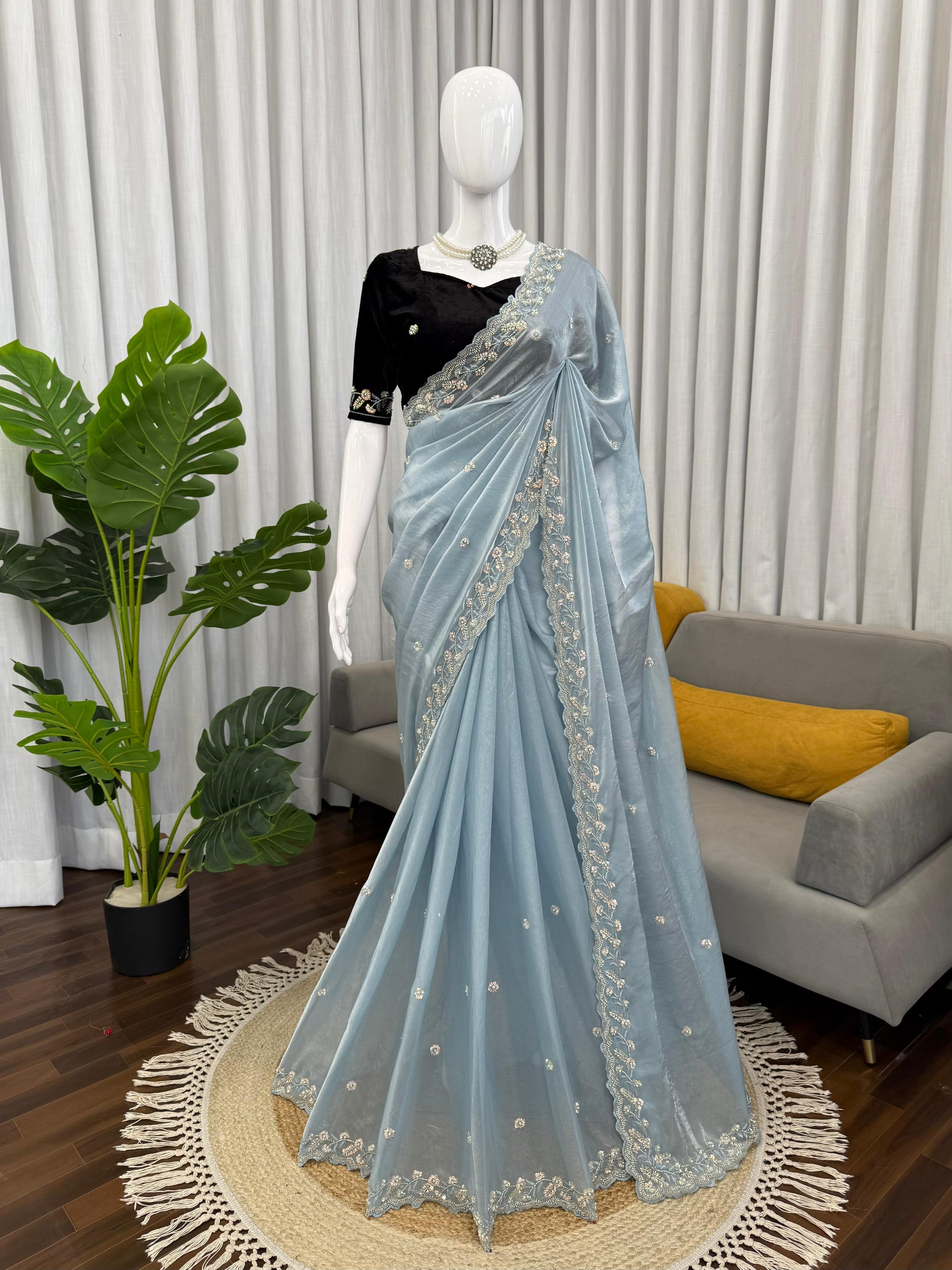 Elegant Sky Blue Designer Saree